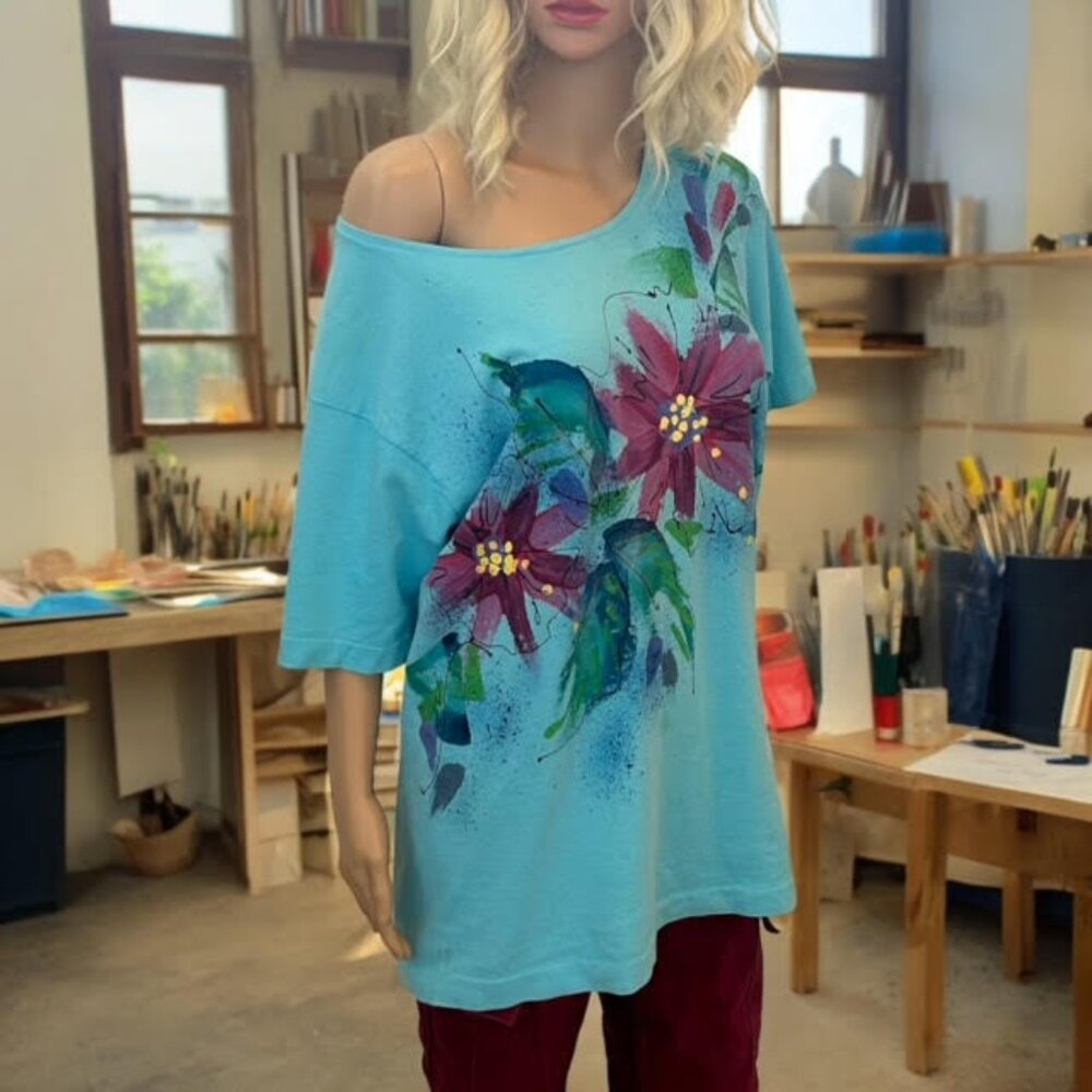 Vintage Single Stitch Hand Painted Wide Neck Blue Floral Graphic Women's T-Shirt